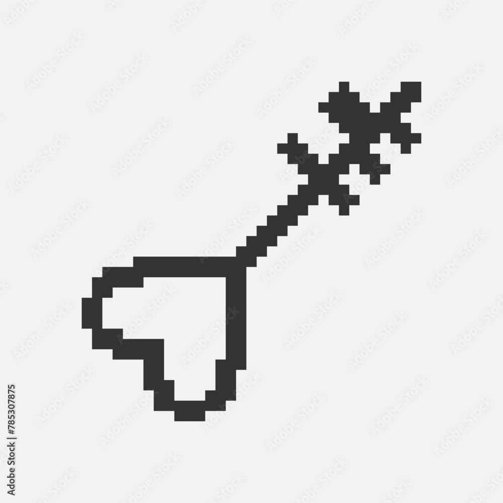 Fototapeta premium black and white simple flat 1bit vector pixel art icon of fantasy retro vintage heart shape key. password login security