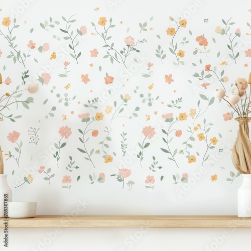A wall with a floral pattern and a vase of flowers on a shelf