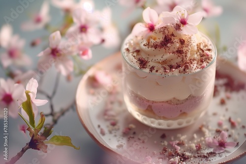 Soft focus captures the romantic charm of Sakura tiramisu with edible blooms.