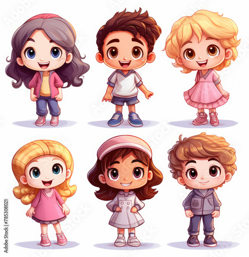 Set of 3d preschoolers children teenagers characters in different poses, clothes, wear. Group of little children on white transparent background. Clip art design. 3d and flat illustration design.  photo