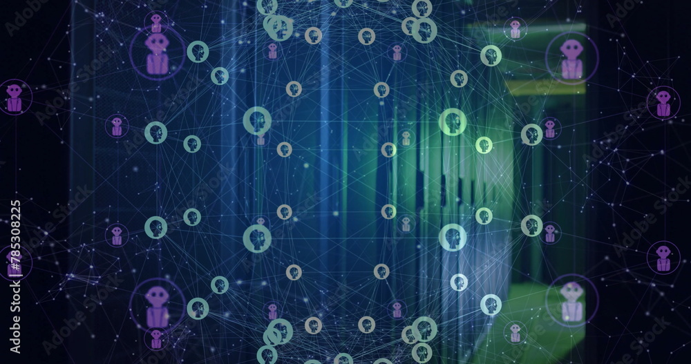 Image of globe with connections and ai icons over computer servers Image of globe with connections and ai icons over computer servers