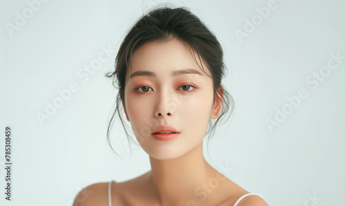 Beauty skin. Head and shoulders of woman model, touching glowing, hydrated facial skin, apply toner, skin cream or lotion for healthy look, after shower portrait, white background.