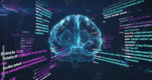 Image of human brain and data processing over dark background