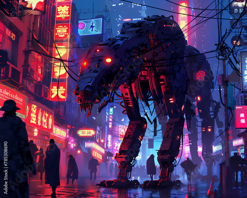 A robot animal stalking through neonlit streets, its prey a rogue AI on the run photo