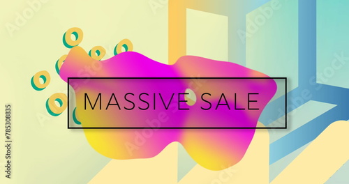 Image of massive sale text in black frame, pink splodge and retro blue and yellow shapes