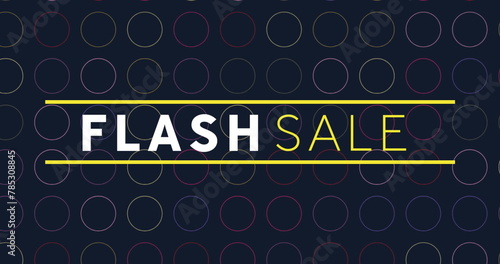 Image of flash sale text with yellow lines over rows of multi coloured circles on black