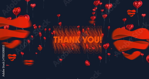 Image of thank you text in red with red hearts flying up on black background
