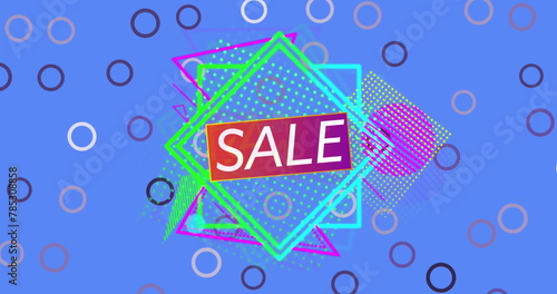 Image of sale text on retro vibrant squares and circles on blue background