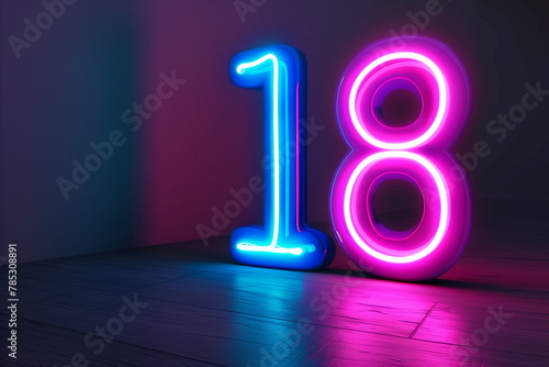 Pink and blue neon sign of number eighteen. Symbol 18 isolated on black background	
 photo