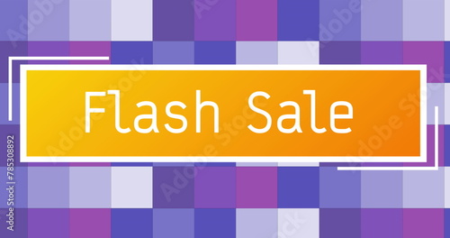 Image of flash sale text on orange banner over purple squared pattern