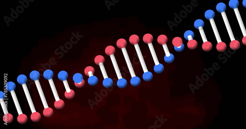 Image of dna strand spinning on red and black background