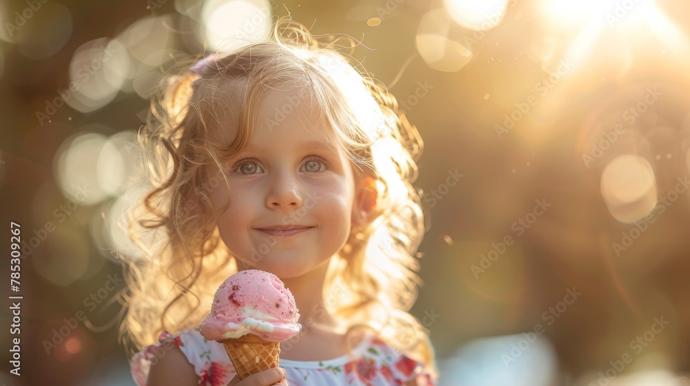 Portrait of a joyful curly-haired young girl enjoying an ice cream cone outdoors with a sunlit bokeh background. National Ice cream Day Portrait of a joyful curly-haired young girl enjoying an ice cream cone outdoors with a sunlit bokeh background. National Ice cream Day
