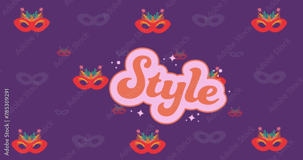 Image of style text in orange and pink over masquerade masks on purple background