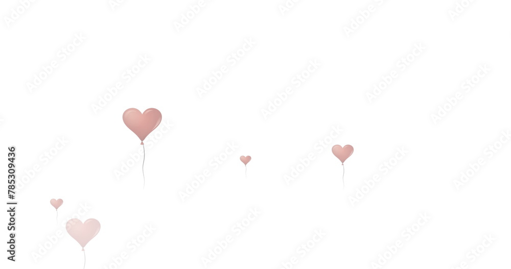 Purple abstract shapes against multiple heart shapes balloons falling against white background