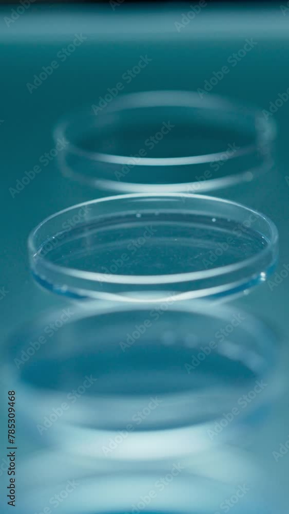Vertical Screen: Close Up of a Wide Range of Petri Dishes with Different Colorful Chemicals, Acids, Mixtures Standing on a Laboratory Table. Scientific Experiment Still Life Footage Without People
