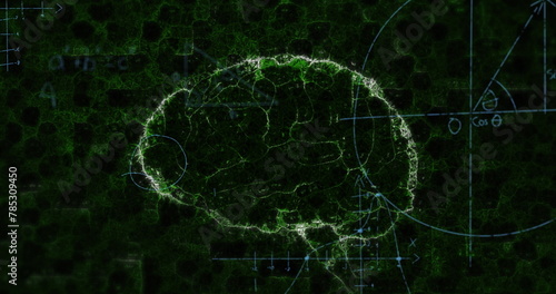 Image of mathematical equations over digital model of human brain on black background