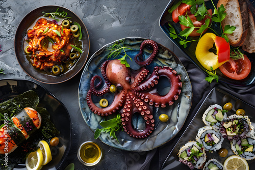 A Trio of Gourmet Octopus Dishes; Grilled, Boiled and Sushi Interpretations