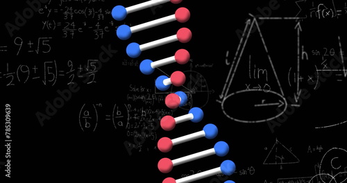 Image of mathematical equations over dna strand on black background
