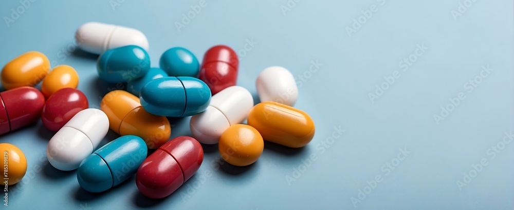 top view of colorful pills on blue background, panoramic shot top view of colorful pills on blue background, panoramic shot