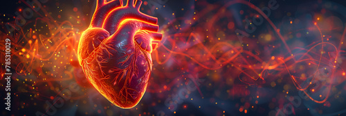 A burning heart is shown in this illustration with the heartbeat ways in red background
 photo