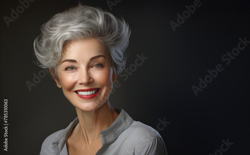 Happy cheerful positive old woman smiling wide and look straight on camera