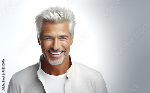 Portrait of cheerful smiling senior mature mid-aged against white background