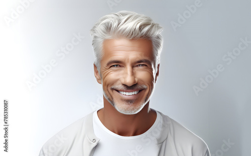 Portrait of cheerful smiling senior mature mid-aged against white background