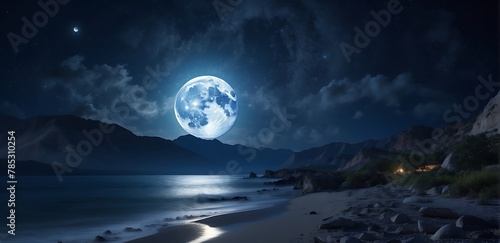 Full moon over the sea at night. Seascape with a full moon. capture loneliness 
