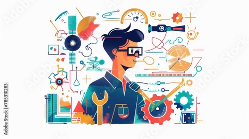A man wearing glasses is surrounded by various tools and gadgets