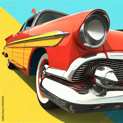 Vintage Red Classic Car on Colorful Background