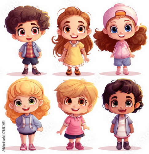 Set of 3d preschoolers children teenagers characters in different poses, clothes, wear. Group of little children on white transparent background. Clip art design. 3d and flat illustration design.  photo