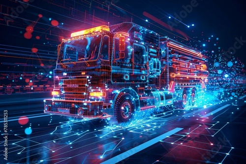 digital blue hologram fire truck  with data streams, ai emergency response systems, route optimization algorithms, predictive maintenance schedules, firefighting operations.  © png-jpeg-vector