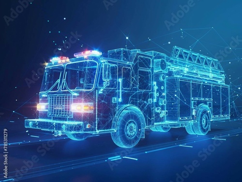 digital blue hologram fire truck with data streams, ai emergency response systems, route optimization algorithms, predictive maintenance schedules, firefighting operations. 