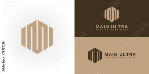 Abstract initial hexagon letter MU or UM logo in gold color isolated on multiple background colors. The logo is suitable for luxurious watch brand logo icons to design inspiration templates.