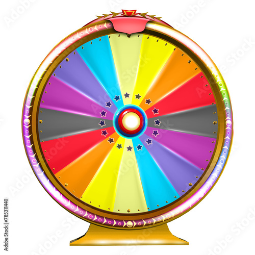 A lively depiction of a prize wheel with blank segments, featuring a spectrum of eye-catching colors. 3D illustration