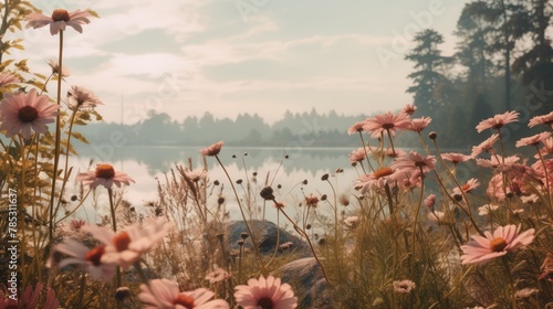 Summer aesthetic landscape panorama, muted neutral colors.	
 photo