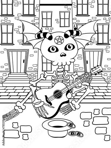 Skeleton playing guitar, nearby hat with coins in the background of the city, illustration for colouring, cute horror story