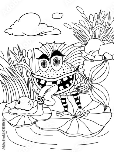 Cartoon fish with teeth, a snail with a skull on its shell stand against a background of bushes, a page for colouring a cute horror story