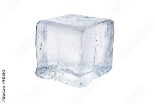 Frozen Elegance: Lone Ice Cube on Pure White Canvas. On a White or Clear Surface PNG Transparent Background.