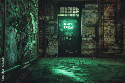 Green glowing black friday text on a wall for background