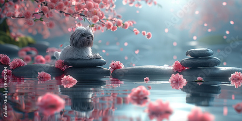 A dog perched on a rock in a pool of water banner photo