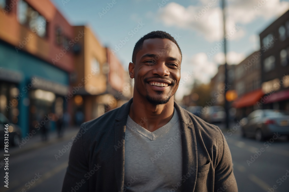 Strahlendes Lächeln und lässige Eleganz: Afroamerikanischer Mann vor dynamischer Stadtkulisse