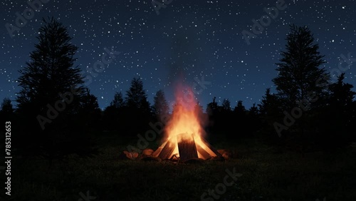 loop of big bonfire in front of spruce trees and starry sky