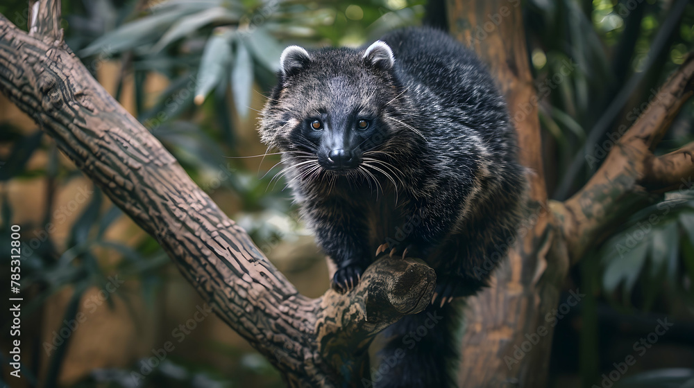 A binturong perched in a tree, captured using natural light to enhance its bear-like face and bushy tail, set against a dense jungle background with copy space