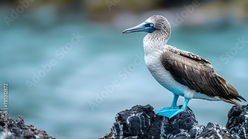 A blue-footed booby standing on rocky terrain, captured using vibrant color saturation to highlight its distinctive blue feet, set against a coastal background with copy space photo