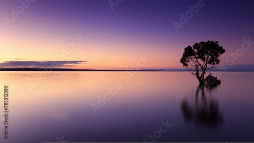 sunset tree water silhouette nature wallpaper mirroring image water reflection background © hassaan