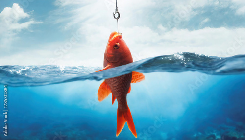 A red fish caught on hook under water with sun rays and blue sky background photo