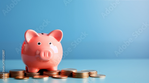 Pink Piggy Bank on Blue Background with Pile of Coins