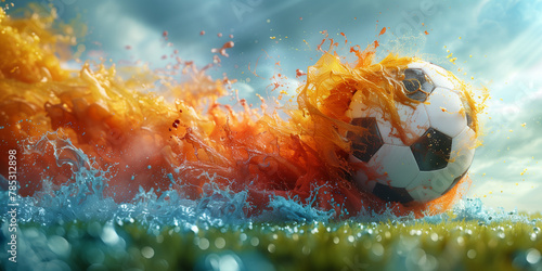 A soccer ball propelled into the air with flames trailing out of it banner