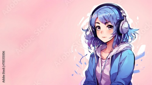 Anime girl with headset listening to music, colorful background - anime character, music enjoyment